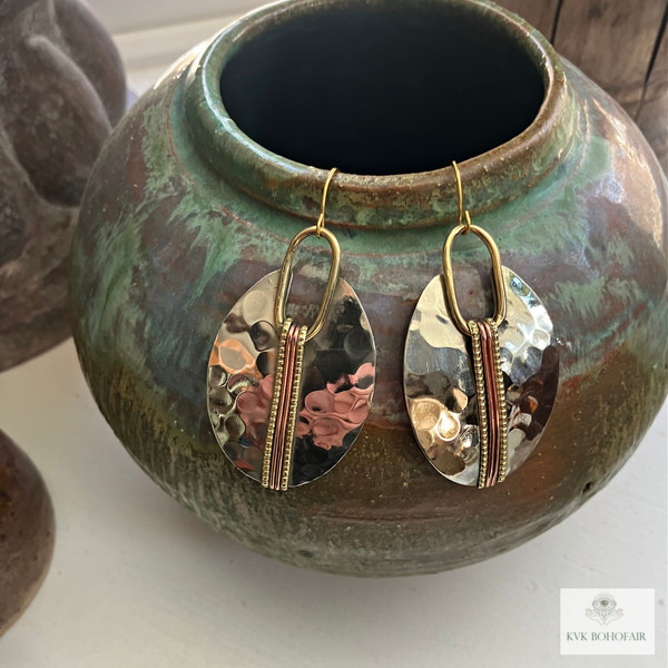 Mixed Metal Silver Oval Earrings - Boho Earrings hanging from a jug
