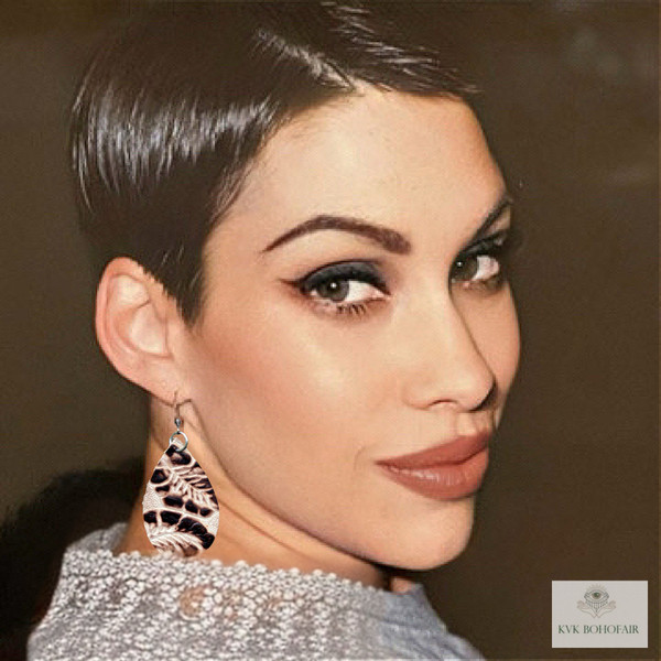 Model wearing our Brown/Cream Leather Teardrop Earrings