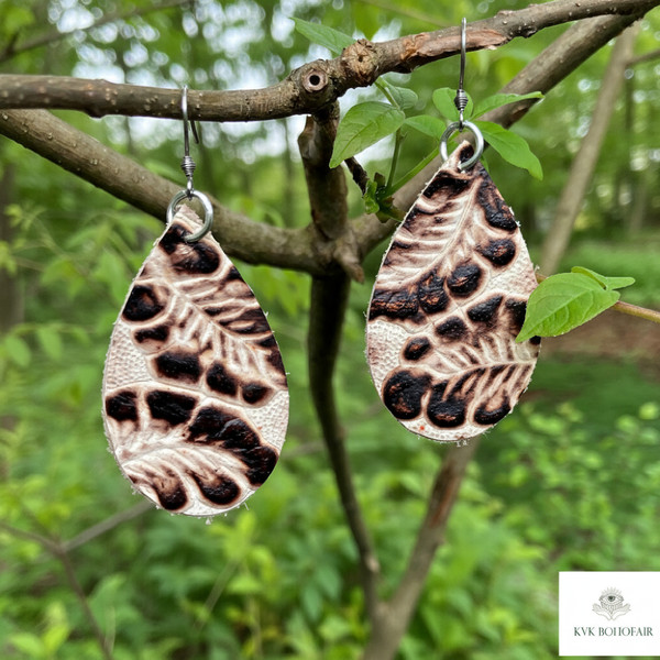 Brown/Cream Leather Teardrop Earrings