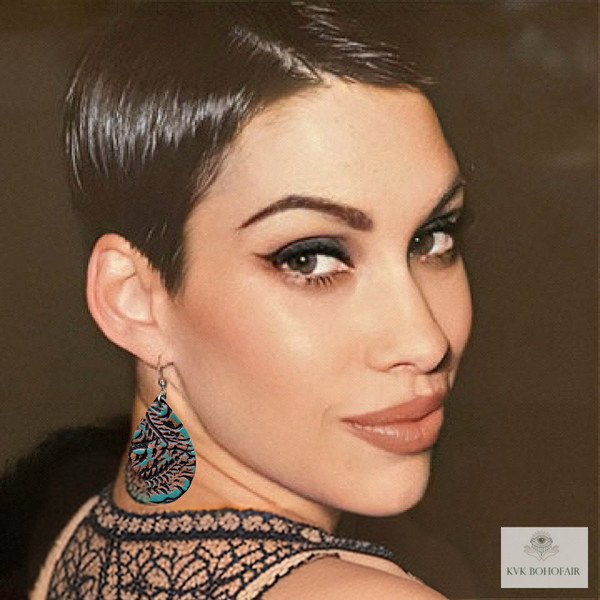 Model wearing our Turquoise Leather Teardrop Earrings