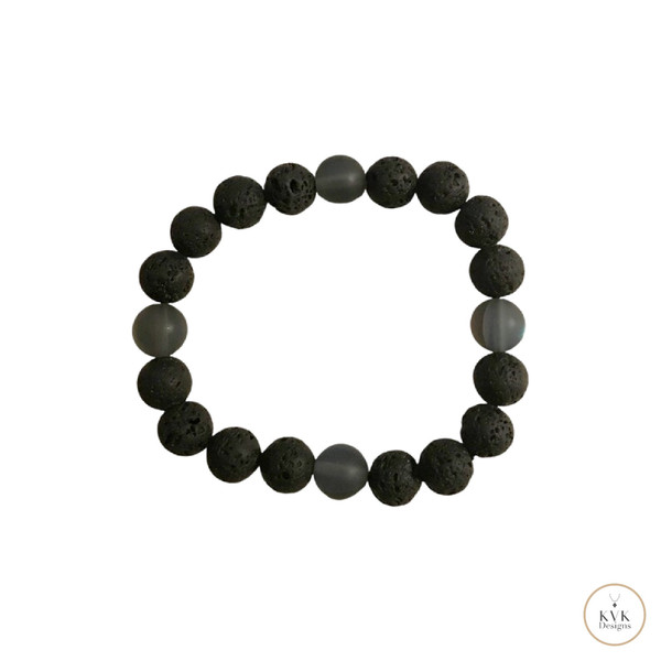 Mens Black Lava Stone and Glass Bead Stretch Bracelet