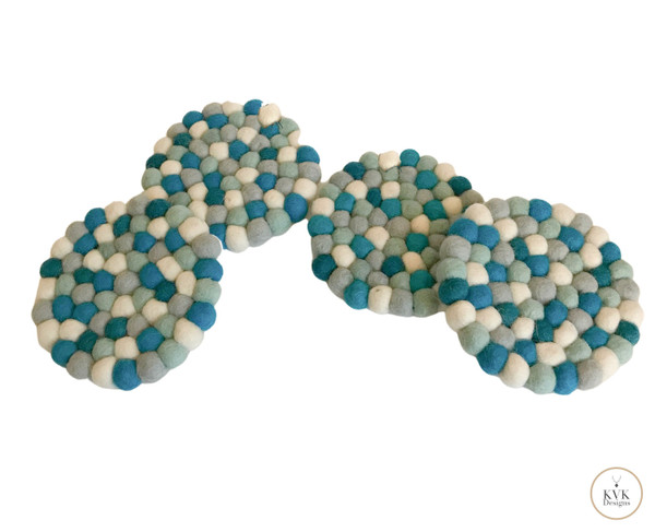 Blue Wool Felt Ball Coaster Set