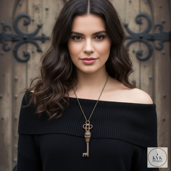 Vintage Style Skull Key Pendant Necklace worn by our model