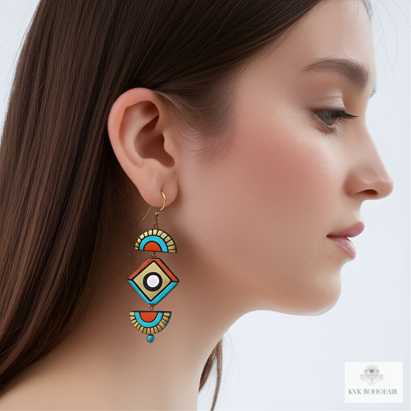 Model wearing our Handcrafted Clay Chandelier Earrings