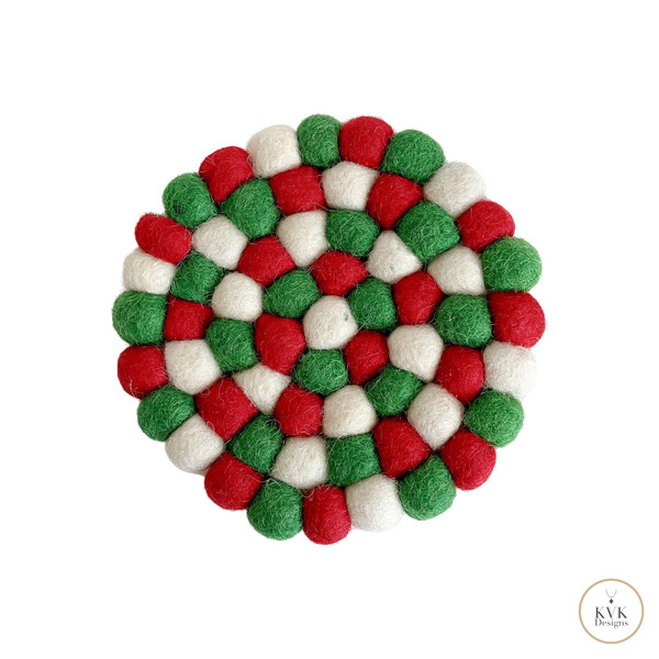 Red & Green Christmas Felt Ball Coasters Set of 4 - Wool Coasters - Fabric Coasters - Fair Trade - Handmade Coasters - Holiday Gift