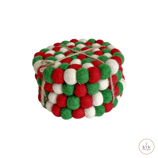 Red & Green Christmas Felt Ball Coasters Set of 4 - Wool Coasters - Fabric Coasters - Fair Trade - Handmade Coasters - Holiday Gift