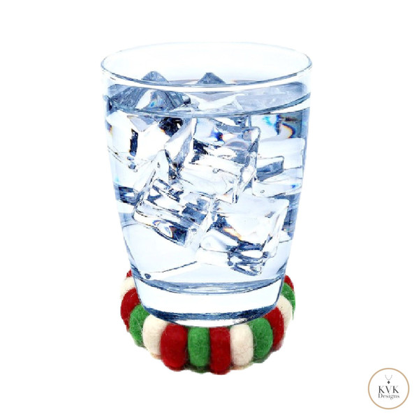 Red & Green Christmas Felt Ball Coasters Set of 4 - Wool Coasters - Fabric Coasters - Fair Trade - Handmade Coasters - Holiday Gift