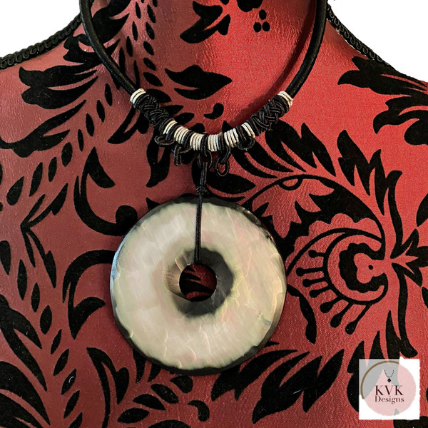 Chunky Donut Necklace - Large Circle Pendant on Black Cord, Unique Vintage Necklace