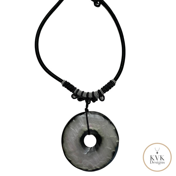 Chunky Donut Necklace - Large Circle Pendant on Black Cord, Unique Vintage Necklace
