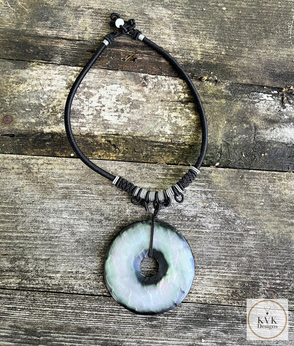 Chunky Donut Necklace - Large Circle Pendant on Black Cord, Unique Vintage Necklace