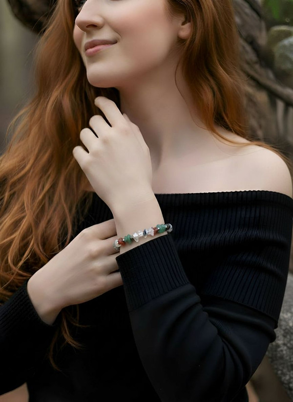 Hematite Gemstone Chip Bracelet worn on model wearing a black off the shoulder sweater