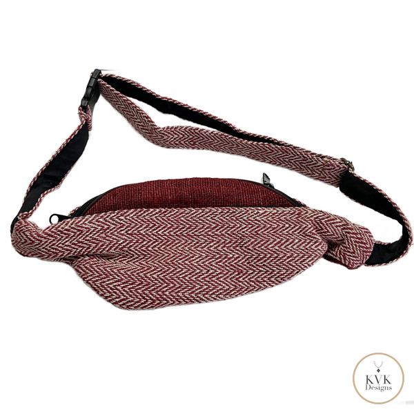 Maroon Boho Hemp Fanny Pack Back Side- Crossbody Bag, Cotton Bum Bag, Sustainable Chic