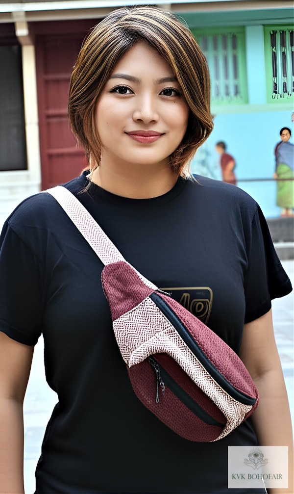 Model wearing Maroon Boho Hemp Fanny Pack