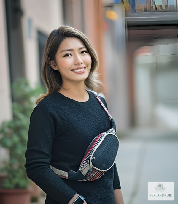 Model wearing Black Boho Hemp Fanny Pack