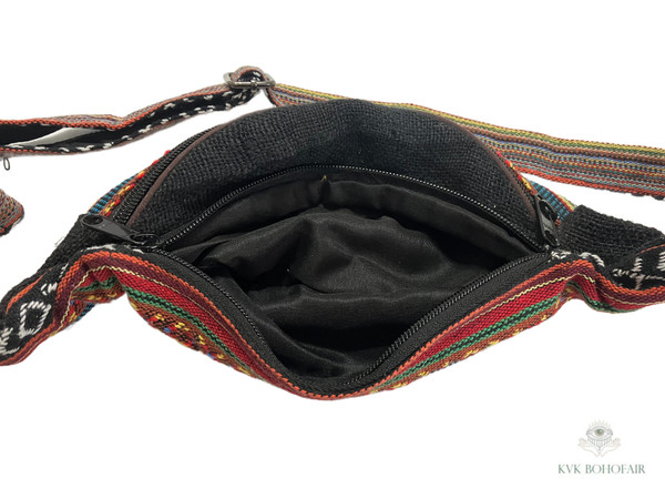 Inside Black Boho Hemp Fanny Pack Back Side - Crossbody Bag, Cotton Bum Bag, Sustainable Chic