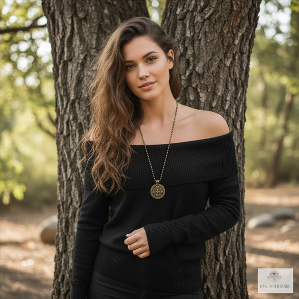 Round Bronze Tribal Pendant Necklace worn on model