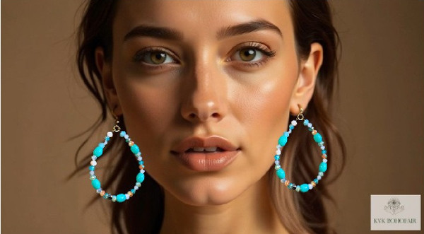 Model wearing our Boho Beaded Teardrop Dangle Earrings