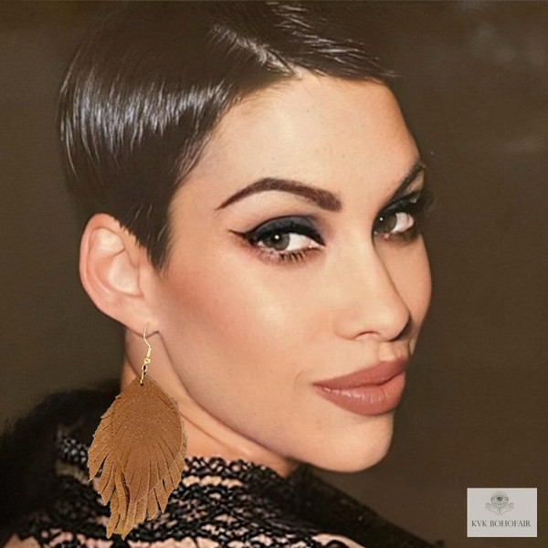 Model wearing Boho Handcrafted Suede Feather Dangle Earrings