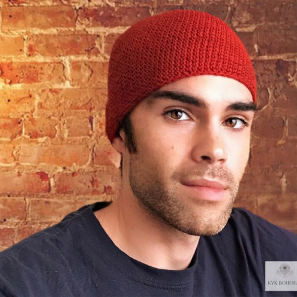 Red Kufi Skull Cap Beanie worn on our model