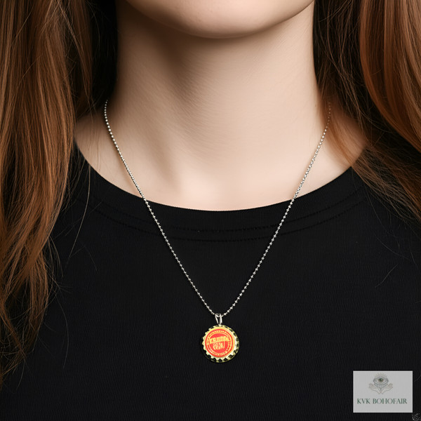 Vintage Soda Pop Bottle Cap Necklaces on our Model