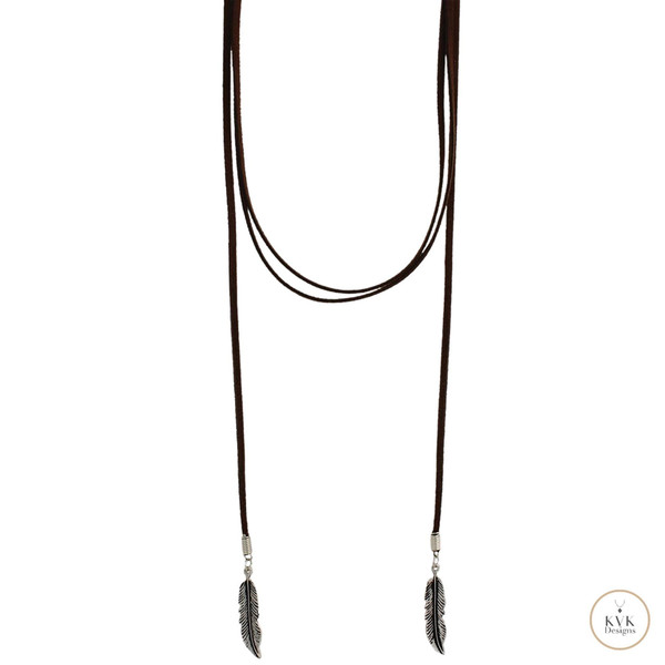 Boho Chic: Brown Suede Lariat Feather Necklace on white background