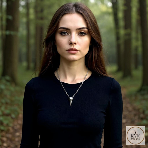 Model wearing Silver Crow Skull Necklace Pendant