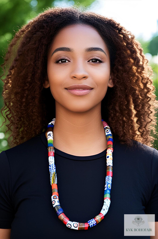 Model wearing Long African Trade Bead Necklace