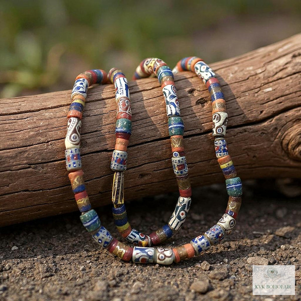 Long African Trade Bead Necklace sitting on a log in the woods