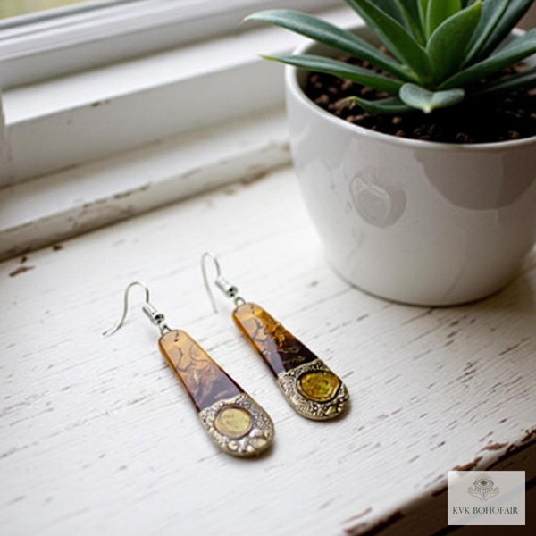 Handcrafted Brown Fused Dichroic Glass Teardrop Earrings