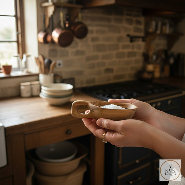 Model holding in both hands Hand Carved Olive Wood Salt Pot with Handle
