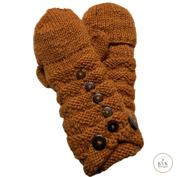 Hand-Knit Orange Wool Mittens with Wooden Buttons