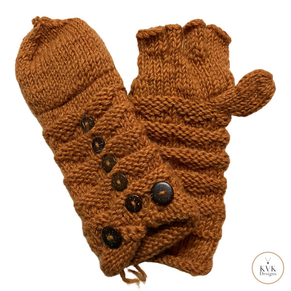 Hand-Knit Orange Wool Mittens with Wooden Buttons
