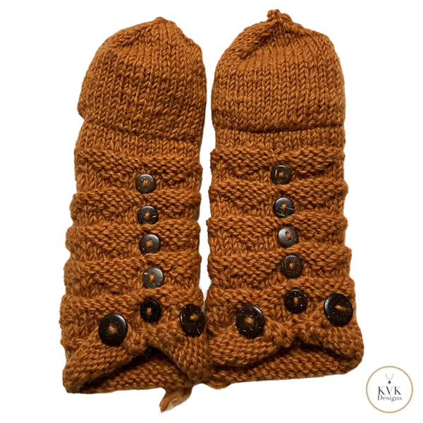 Hand-Knit Orange Wool Mittens with Wooden Buttons