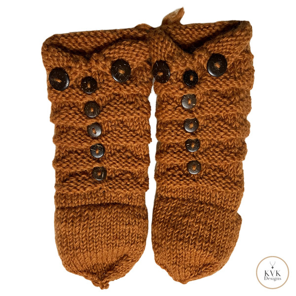 Hand-Knit Orange Wool Mittens with Wooden Buttons
