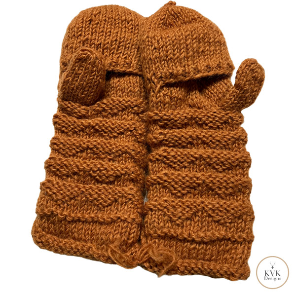 Hand-Knit Orange Wool Mittens with Wooden Buttons