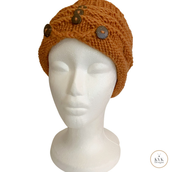 Hand-Knit Orange Wool Headband with Buttons