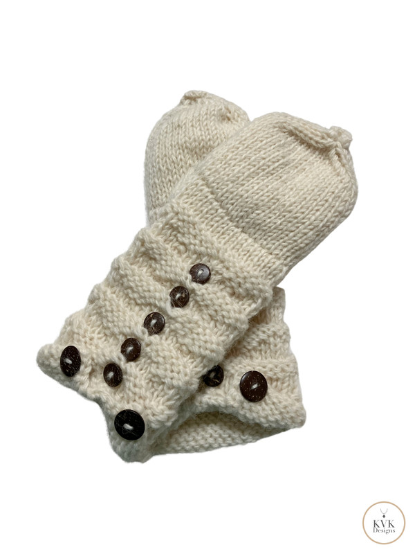 Hand-Knit Off White Wool Mittens with Wooden Buttons