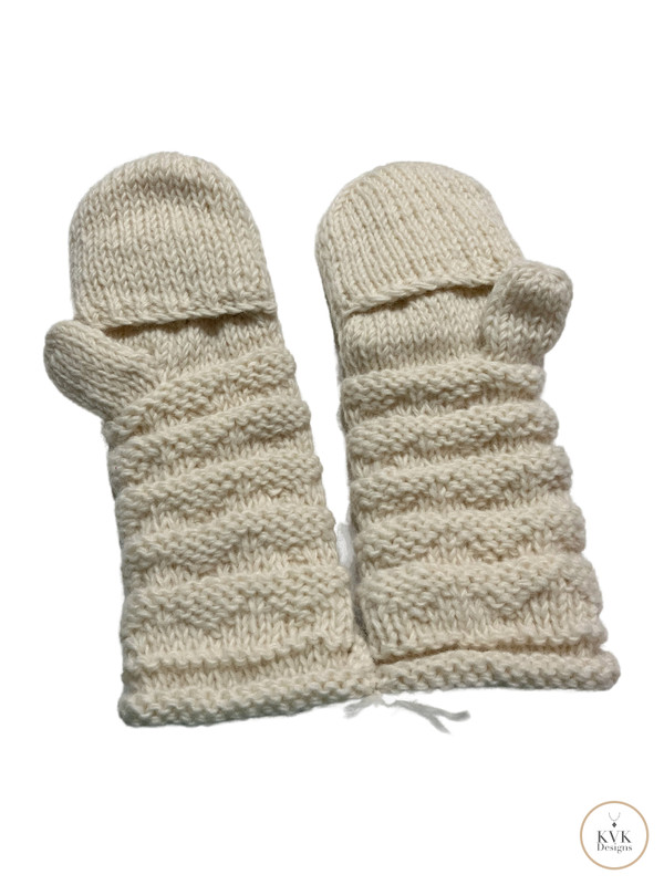 Hand-Knit Off White Wool Mittens with Wooden Buttons