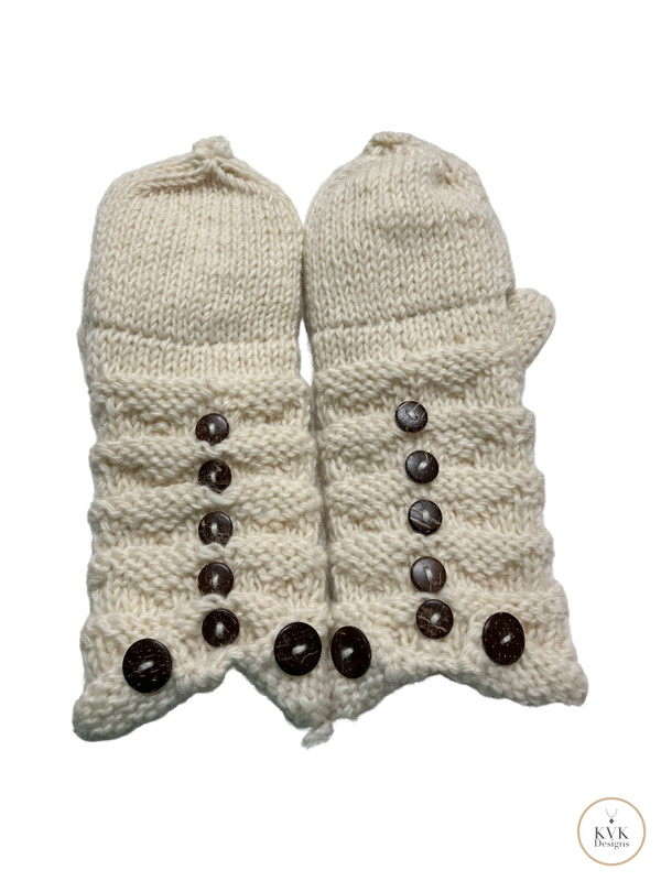 Hand-Knit Off White Wool Mittens with Wooden Buttons
