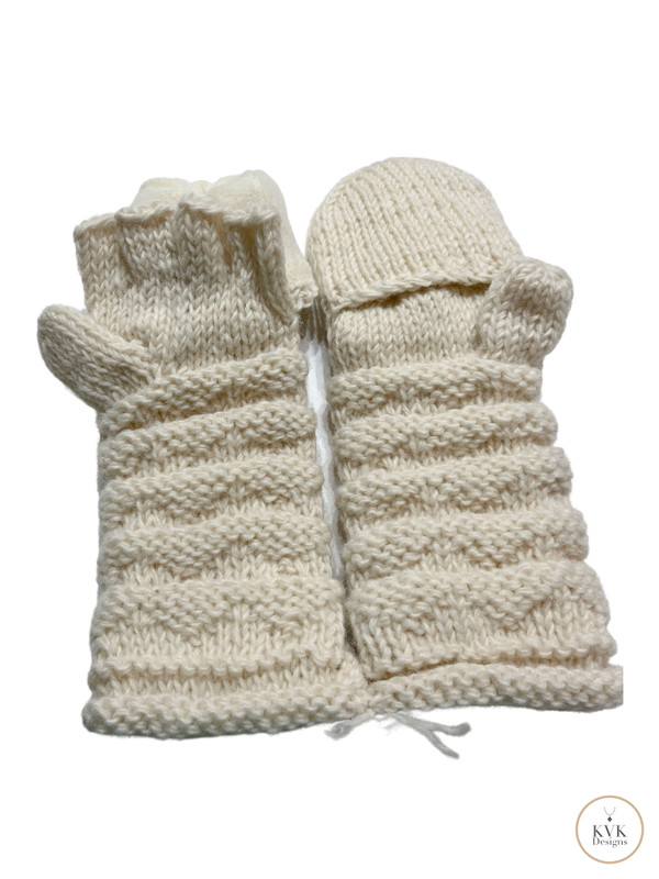 Hand-Knit Off White Wool Mittens with Wooden Buttons