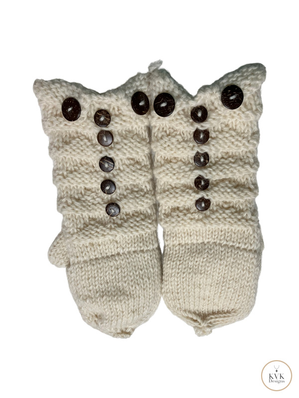 Hand-Knit Off White Wool Mittens with Wooden Buttons