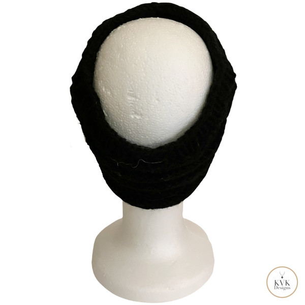 Hand-Knit Black Wool Headband with Buttons