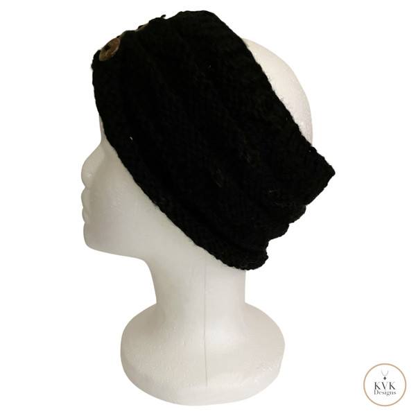 Hand-Knit Black Wool Headband with Buttons