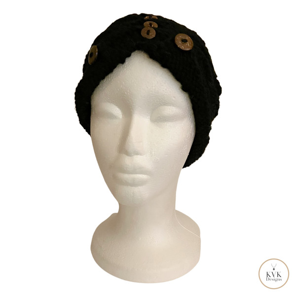 Hand-Knit Black Wool Headband with Buttons