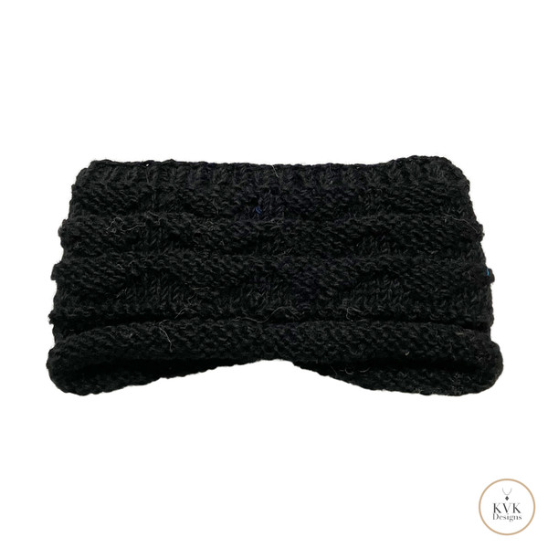 Hand-Knit Black Wool Headband with Buttons