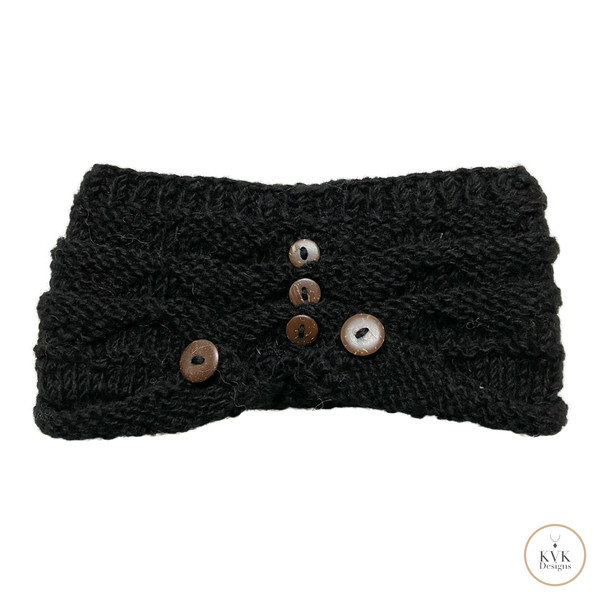 Hand-Knit Black Wool Headband with Buttons