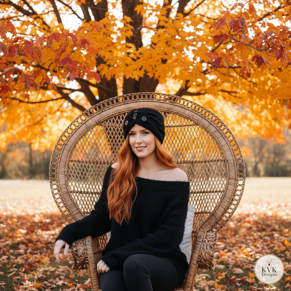 Model wearing our Hand-Knit Black Wool Headband with Buttons