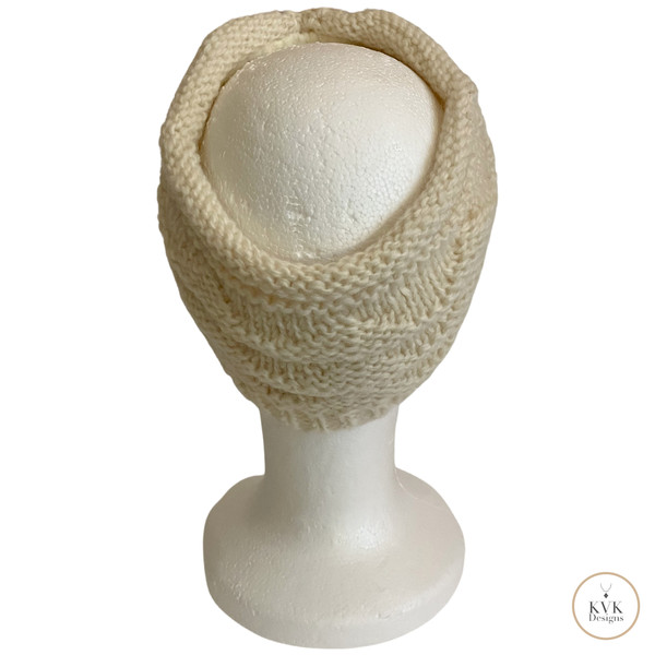 Back view on mannequin head of Hand-Knit Off White Wool Headband with Button
