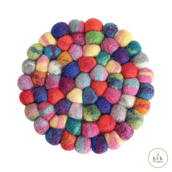 Colorful Wool Felt Ball Coaster Set - Handmade Drink Coasters, Set of 4, Eco-Friendly