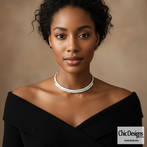 Freshwater Pearl and Green Silk Woven Choker worn by model